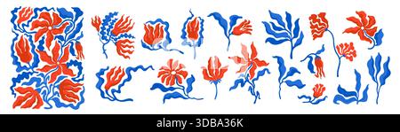 Ensemble floral de fleurs sauvages avec des plantes vectorielles nordiques ondulées en rouge et bleu. Groovy fleurs abstraites et feuilles parfaites pour les impressions décoratives, la papeterie Illustration de Vecteur