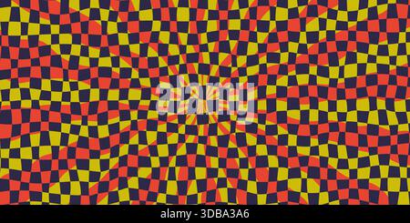 Fond à carreaux avec grille ondulée rouge, jaune et noire formant des rayons de soleil psychédéliques. Composition de rayons à carreaux dans un style punk audacieux Illustration de Vecteur