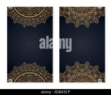 Jeu de cartes de visite avec des éléments décoratifs mandala dorés sur noir. Collection de fond ornemental, motifs vectoriels ornementaux avec l'Islam, arabe, Illustration de Vecteur