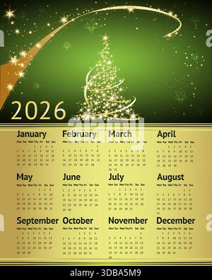Calendrier 2026 année sur le mur, arbre de Noël et guirlandes. Illustration de Vecteur
