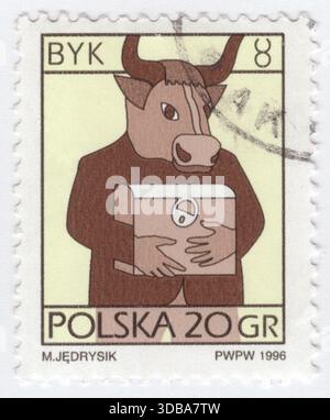 POLOGNE — 21 avril 1996 : timbre-poste bleu et jaune à 20 grosz représentant des signes du zodiaque : le Taureau (♉︎) est le deuxième signe astrologique du zodiaque moderne. Il s'étend de 30° à 60° du zodiaque. Ce signe appartient à l'élément terrestre ou triplicité, ainsi qu'à une modalité, une qualité ou une quadruplicité fixes. C'est un signe gouverné par Vénus, la Lune est dans son exaltation ici à exactement 3°. Le Soleil transite ce signe d'environ 20 avril au 20 mai dans l'astrologue occidental Banque D'Images
