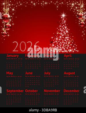 Année civile 2026. Illustration vectorielle. Modèle simple. La semaine commence lundi. Modèle d'année simple de calendriers de poche ou muraux. Organisateur annuel. Illustration de Vecteur