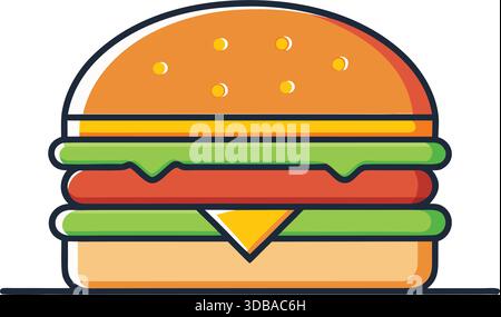 Vibrant Flat Design illustration d'un hamburger au fromage classique avec pain aux graines de sésame Illustration de Vecteur