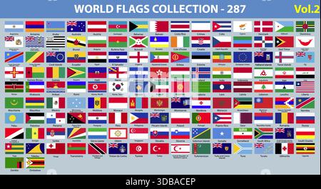 Tous les drapeaux du monde - ensemble vectoriel d'icônes rectangulaires. Drapeaux de tous les pays et continents. Drapeau de collection universelle dans le monde. Drapeaux du monde - Grand ensemble. Illustration de Vecteur