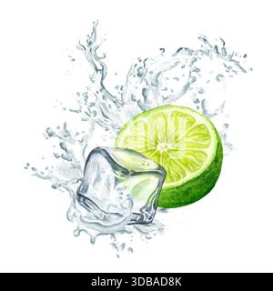Citron vert frais, glaçons et éclaboussure d'eau cristalline. Illustration aquarelle peinte à la main, isolée sur fond blanc Banque D'Images