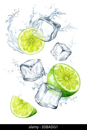 Glaçons, agrumes de citron vert et éclaboussures d'eau cristalline. Illustration d'aquarelle dessinée à la main isolée sur fond blanc Banque D'Images