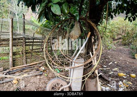Outils agricoles vietnamiens traditionnels, brouette et bandes de rotin enroulées appuyées contre un arbre dans un jardin rural. Banque D'Images