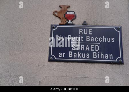 Panneau de rue bilingue français et breton sur un mur lisant Rue du petit Bacchus dans une vieille ville européenne quartier.Nantes, France Banque D'Images