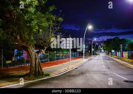 Une image nocturne représentant un vieil arbre noueux sur la gauche et un panneau de signalisation avec de multiples panneaux de direction « BENIDORM ». La route mène au distan Banque D'Images