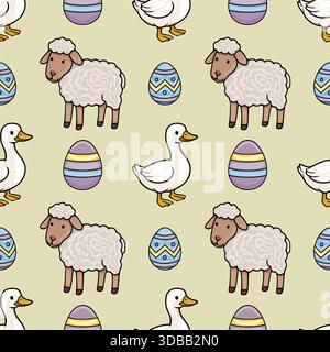 Modèle vectoriel sans couture avec de charmants moutons et canards de bande dessinée aux côtés d'œufs de Pâques décorés sur un fond beige clair. Illustration de Vecteur