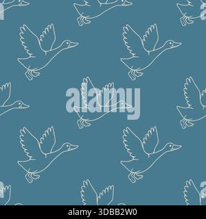 Motif vectoriel sans couture d'oies volantes stylisées avec des contours crème sur un fond bleu sarcelle, évoquant un sentiment de migration calme. Illustration de Vecteur