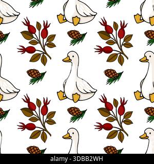 Charmant motif vectoriel sans couture avec de mignonnes oies blanches, des branches de rose musquée et des pommes de pin sur un fond blanc propre. Illustration de Vecteur