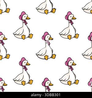 Charmant motif vectoriel d'oies blanches mignonnes portant des bonnets et des arcs roses, placé sur un fond blanc propre. Illustration de Vecteur