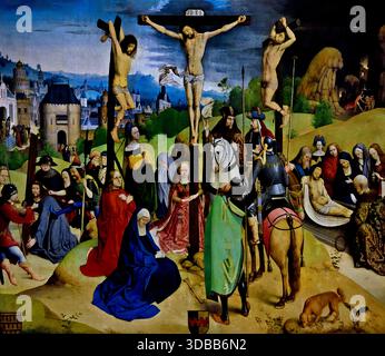 Crucifixion du Christ (Mont Calvaire) peinture à l'huile, vers 1480, gothique tardif allemand par le Maître de la Légende de sainte Ursule. À l'intérieur du musée Wallraf-Richartz, Cologne. Chef-d'œuvre gothique tardif "Crucifixion du Christ (Mont Calvaire)" (Kreuzigung Christi / Kalvarienberg), peint vers 1480 par le célèbre Maître de la Légende de sainte Ursule et son atelier. Banque D'Images