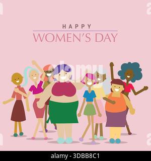 Illustration vectorielle plate montrant un groupe diversifié de femmes heureuses célébrant la Journée de la femme. Diversité, autonomisation et égalité. Illustration de Vecteur
