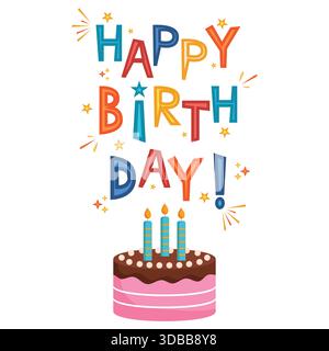 Joyeux anniversaire conception de typographie avec gâteau isolé sur fond blanc Illustration de Vecteur