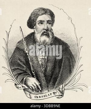 Portrait de Iaroslav Ier Vladimirovitch (978-1054) fut Grand Prince de Kiev de 1019 jusqu'à sa mort en 1054. Il était également Prince de Novgorod de 1010 à 1034 et Prince de Rostov de 987 à 1010, en Russie. Illustration ancienne d'Emile Simon (1805-1886) tirée de l'Atlas historique et pittoresque, histoire universelle 1861 Banque D'Images