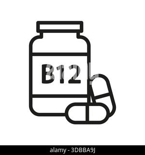 Bouteille de vitamine B12. Pilules de compléments nutritionnels. Produit de vecteur de soins de santé. Symbole de remède médical. Illustration de Vecteur