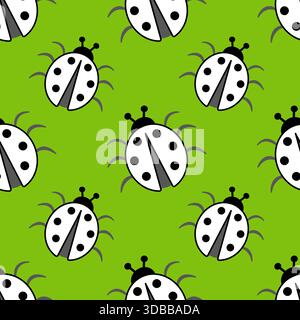 Coccinelles blanches noires sur fond vert. Nature modèle sans couture de coccinelles et de verdure. Fond frais minimaliste monochrome. Illustration de Vecteur