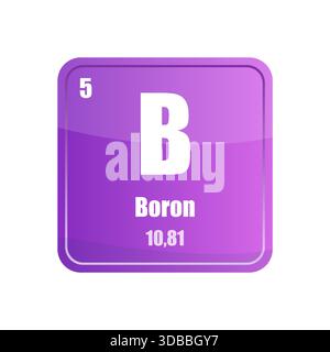 Dalle à élément chimique au bore. Numéro atomique cinq. Icône vecteur signe B. Forme carrée violette. Illustration de Vecteur
