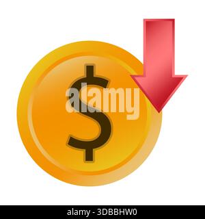 Baisse de la pièce de dollar. Concept de flèche vers le bas. Symbole de perte financière. Illustration d'argent vectoriel. Illustration de Vecteur