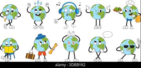 Personnage Groovy Earth Planet. Autocollants de terre de style rétro, personnages drôles écouter de la musique, penser, lire, voyager. Mascottes vintage, vecteur néotérique Illustration de Vecteur