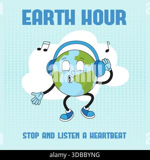 Affiche une heure pour la Terre. Personnage Planet de style rétro écoutez de la musique dans un casque. Modèle de bannière d'économie d'énergie, concept de vie écologique, concept de vecteur néotérique Illustration de Vecteur