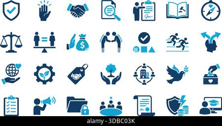 Collection d'icônes vectorielles représentant la responsabilité sociale d'entreprise (RSE), la conformité éthique et la gouvernance d'entreprise. Inclut les services juridiques et environnementaux Illustration de Vecteur
