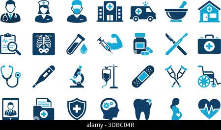 Ensemble vectoriel bicolore présentant des symboles essentiels de santé, médicaux et pharmaceutiques. Comprend le personnel, les installations, la recherche et les services d'urgence. Illustration de Vecteur