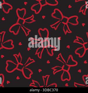 Arcs de coup de pinceau peints sur le thème de la Saint-Valentin avec fond de motif vectoriel transparent de petits coeurs. Ruban rouge sur fond noir. Répétition romantique audacieuse Illustration de Vecteur