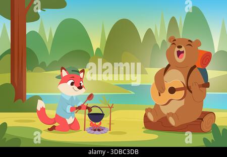 Fond de forêt. Animaux sauvages touristes randonnant et explorant le modèle vectoriel exact en plein air Illustration de Vecteur