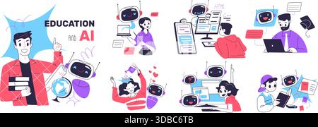 Ai Education People. Les enfants étudient avec l'intelligence artificielle, enseignant de l'école apprenant robot chat bot technologie de données numériques cerveau d'ordinateur, illustration vectorielle classe illustration originale Illustration de Vecteur