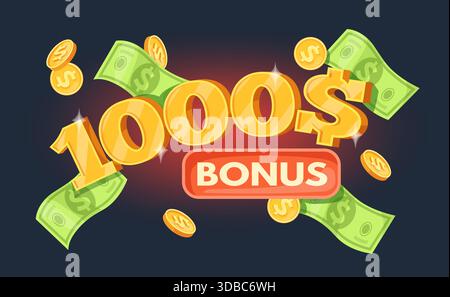 bonus de 1000 dollars. Fond de bande dessinée de prix de pièces de monnaie tombantes, mille dollars volant pièce d'or en espèces casino jackpot argent cadeau de marketing, illustration vectorielle soignée illustration originale Illustration de Vecteur