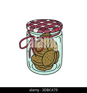 Pot mason en verre hygge doodle dessiné à la main avec illustration vectorielle clipart d'icône de cookies Illustration de Vecteur