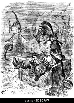 Illustration historique intitulée Davy Jones’ Locker, montrant la figure du folklore maritime assise sur un coffre tout en lisant une carte navale suivant l’échouement du HMS Howe au port de Ferrol. Publié dans Punch, volume 103, 10 décembre 1892. Illustration par John Tenniel. Banque D'Images