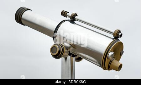 Vue rapprochée d'un télescope touristique moderne et brillant avec une surface métallique élégante contre un ciel clair et lumineux. Banque D'Images