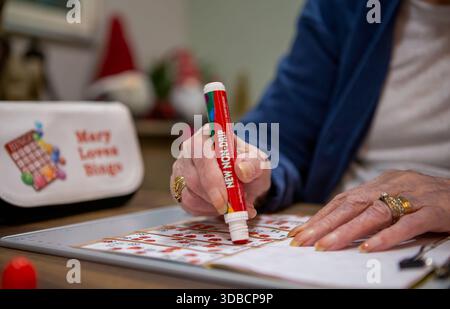 Personne âgée jouant une partie de bingo à l'aide d'un dabber Banque D'Images