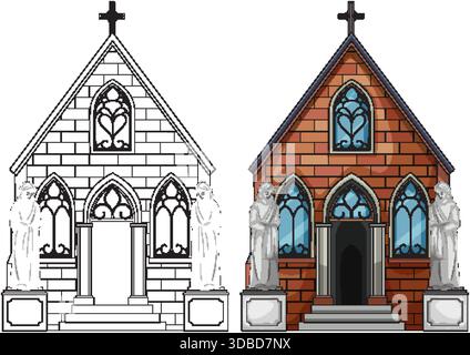 Façade de chapelle gothique vectorielle avec statues, vitraux, versions colorées et blackâandâwhite Illustration de Vecteur