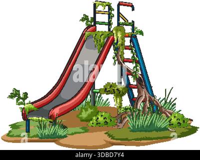 Toboggan coloré de terrain de jeu dépassé par les plantes, la mousse et les racines dans le style détaillé d'illustration vectorielle Illustration de Vecteur