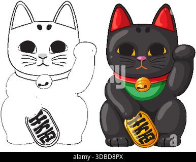 Illustration japonaise de chat chanceux en couleur et contour, style vectoriel plat, lignes épurées, couleurs vives Illustration de Vecteur