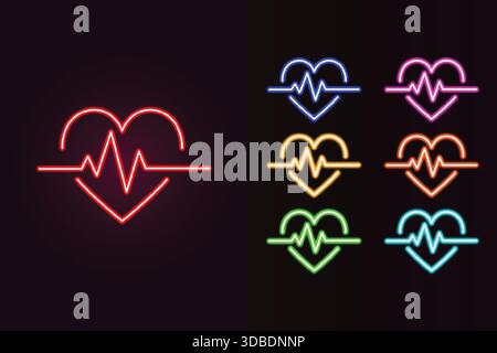 Icône de pulsation cardiaque néon définir les symboles d'amour ECG lumineux sur fond sombre. Illustration de Vecteur