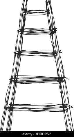 Dessin noir à la main d'une échelle droite et haute avec des barreaux régulièrement espacés, vu de face. Illustration de Vecteur