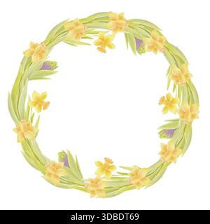 Couronne florale printanière avec jonquilles jaunes et jacinthes violettes. Illustration isolée à l'aquarelle. Banque D'Images