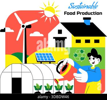 Illustration de la production alimentaire durable mettant en vedette la croissance, l'alimentation respectueuse de l'environnement, l'efficacité des ressources, la biodiversité et la production locale Illustration de Vecteur
