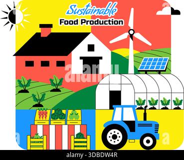 Illustration de la production alimentaire durable mettant en vedette la croissance, l'alimentation respectueuse de l'environnement, l'efficacité des ressources, la biodiversité et la production locale Illustration de Vecteur