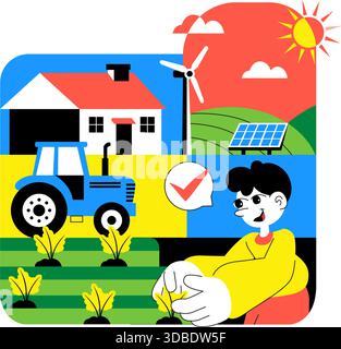 Illustration de la production alimentaire durable mettant en vedette la croissance, l'alimentation respectueuse de l'environnement, l'efficacité des ressources, la biodiversité et la production locale Illustration de Vecteur