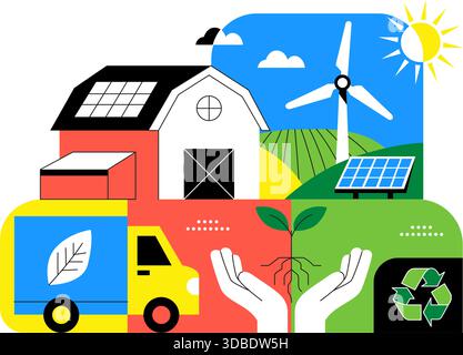 Illustration de la production alimentaire durable mettant en vedette la croissance, l'alimentation respectueuse de l'environnement, l'efficacité des ressources, la biodiversité et la production locale Illustration de Vecteur