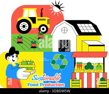 Illustration de la production alimentaire durable mettant en vedette la croissance, l'alimentation respectueuse de l'environnement, l'efficacité des ressources, la biodiversité et la production locale Illustration de Vecteur