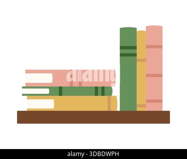 Une étagère en bois contient plusieurs piles de livres de différentes couleurs et tailles. L'arrangement montre une variété de littérature en attente d'être lue ou apprec Illustration de Vecteur