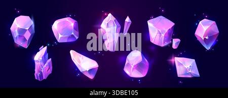 Cristaux magiques et pierres précieuses pour l'interface utilisateur du jeu avec des facettes brillantes sur fond sombre. Diamants dégradé rose et violet, pierres minérales irrégulières scintillantes par effets lumineux. Collection de bijoux fantaisie Illustration de Vecteur